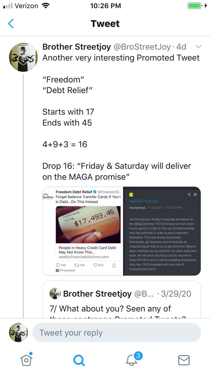 7/ Then right before this last weekend, a weird debt relief ad starting with some very “coincidental” math.$17,493.4517 & 45? Come on.The middle three ad up to 16 - the Drop that mentions The MAGA promise