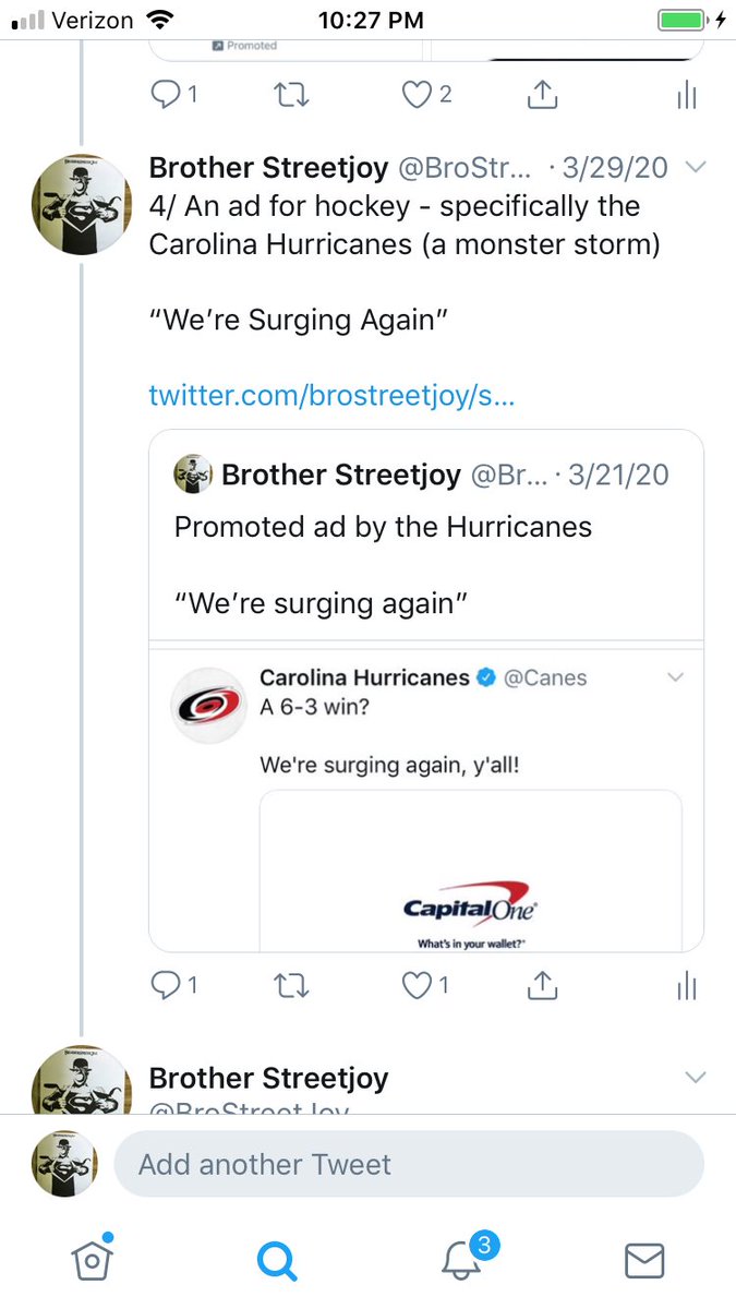 5/ Then here’s a two-fee:- a “Roll Call” military tweet- a Hurricanes ad (STORM) that says “We’re surging again, y’all!”