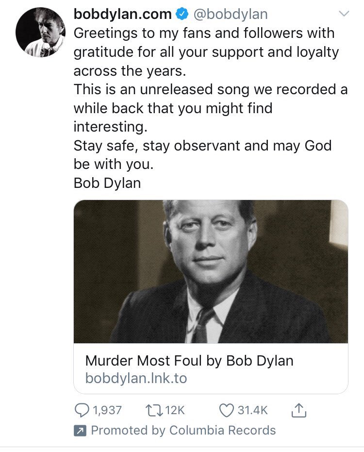 6/ Then a Promoted ad for Bob Dylan’s new song about the JFK assassination