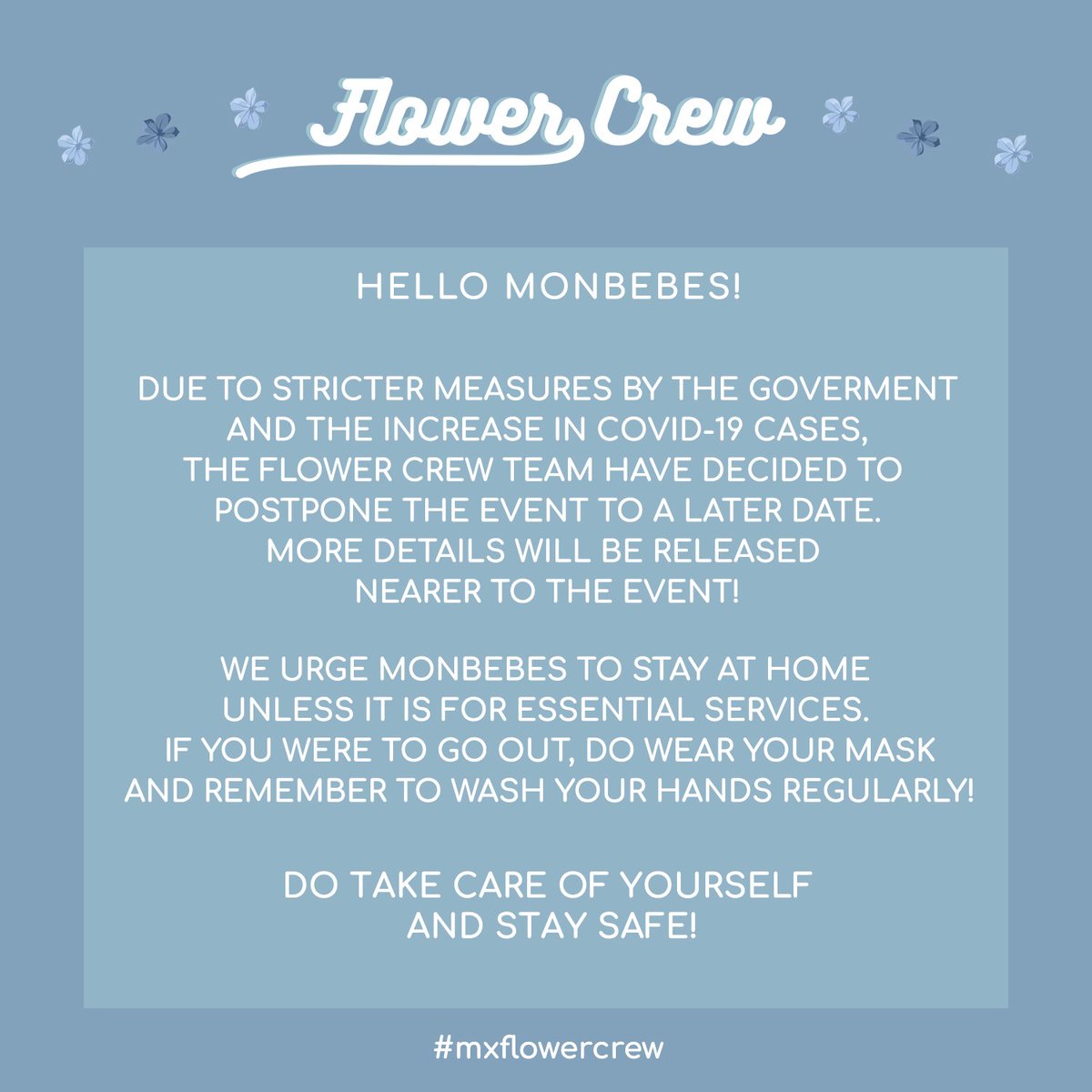 flowercrew0514's tweet photo. !! ANNOUNCEMENT !!

#MXFlowerCafe will be postponed to a later date!

More details will be posted nearer to the date. You keep
updated with the hashtag [#MXFlowerCafe]! https://t.co/RFFp891Ouc