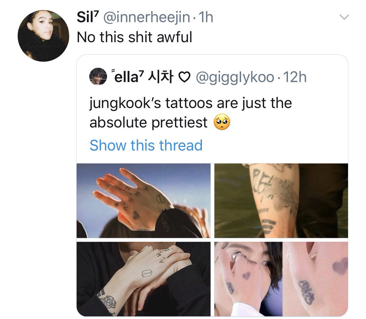 MASS REPORT ALL THESE ACCOUNTS M*CKING HIS TATTOOS. These kind of people one of the million reasons why he has been in-active from social media.  https://twitter.com/minyoongista  https://twitter.com/kanekikoon  https://twitter.com/AnsTmfRl  https://twitter.com/innerheejin 