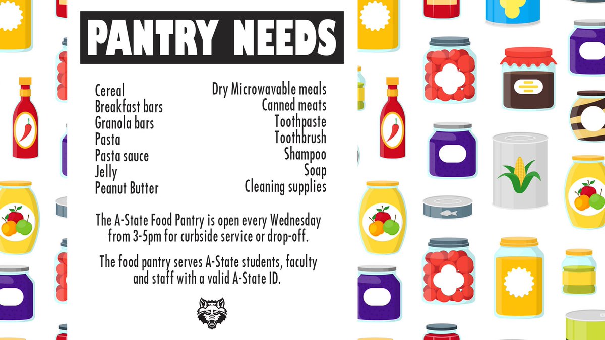 Join me in helping our campus community. Each Wednesday between 3-5pm the A-State Food Pantry will take non-perishable items. We hope you’ll consider participating!  The pantry is located at 2907 E Johnson north of the Student Activity Center. #PackStrong
