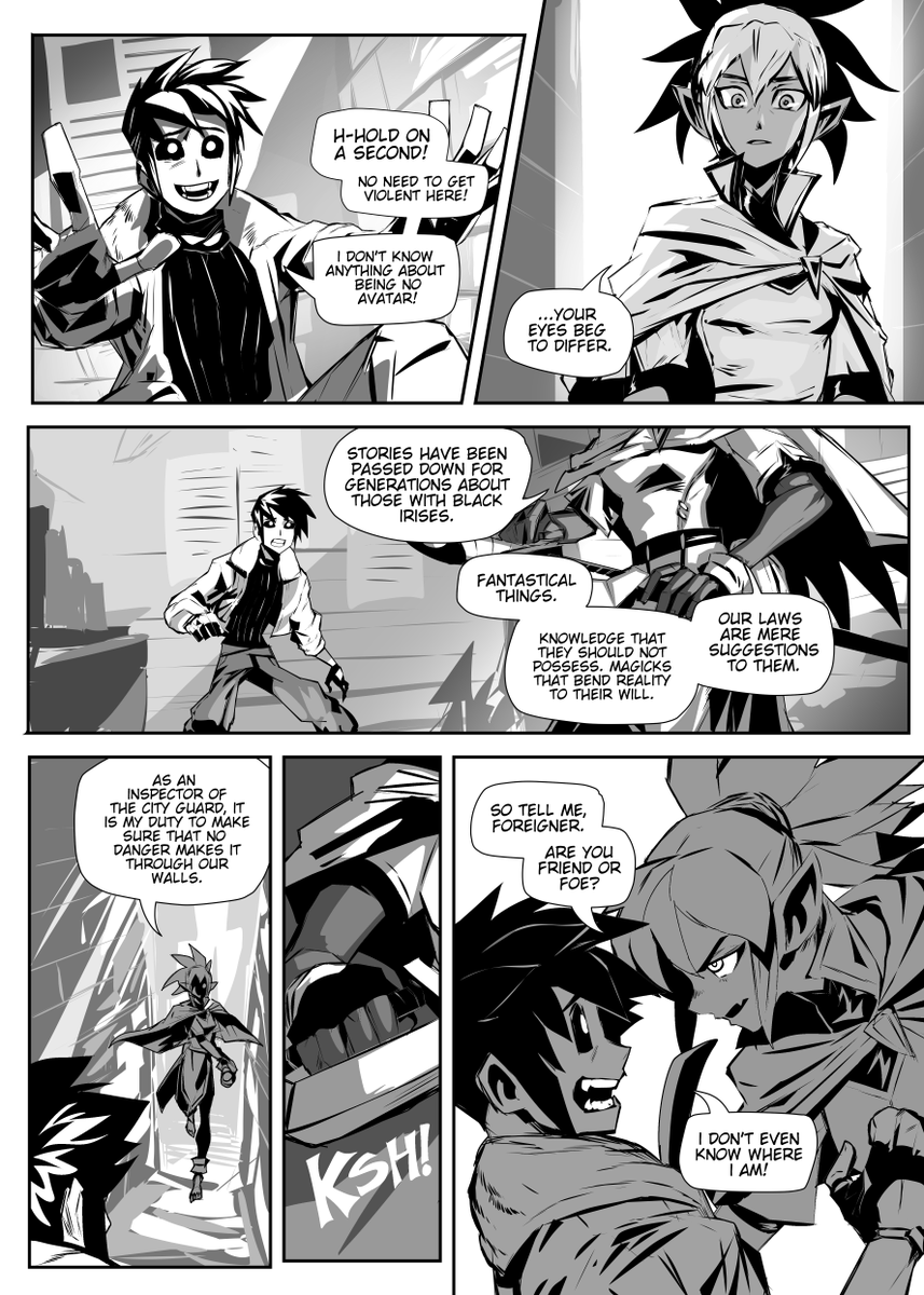 Testing a page with dialogue and using the lasso tool to do backgrounds. Trying to get a good balance between efficiency and polish here. 