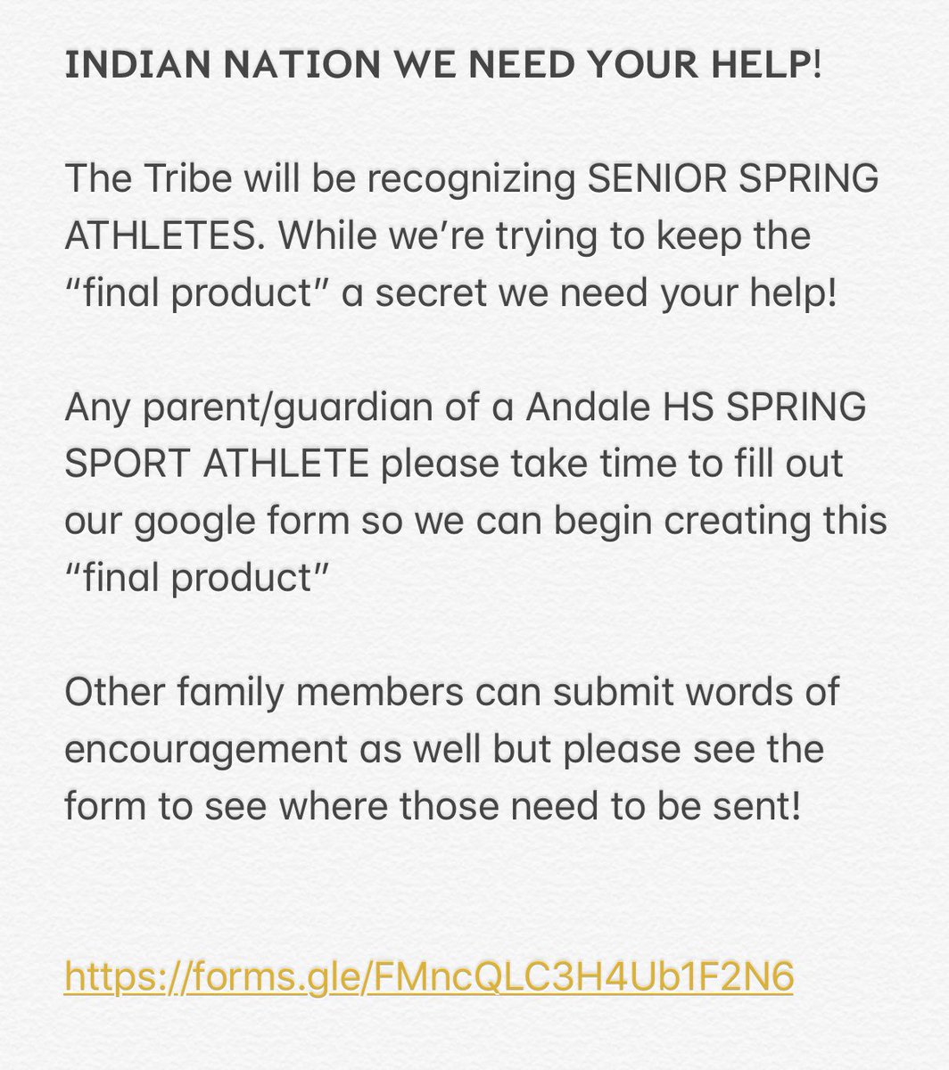𝗜𝗡𝗗𝗜𝗔𝗡 𝗡𝗔𝗧𝗜𝗢𝗡 𝗪𝗘 𝗡𝗘𝗘𝗗 𝗬𝗢𝗨𝗥 𝗛𝗘𝗟𝗣!

Parents/Guardians of Andale HS SENIOR SPRING ATHLETES please fill out the link below 👇🏻

forms.gle/FMncQLC3H4Ub1F… <a href="/AndaleAthletics/">Andale Athletics</a> <a href="/Andale_Indians/">Andale High School</a> <a href="/AndalePlain/">Andale - Garden Plain Softball</a> <a href="/AndaleTandF/">Andale Track and Field</a> @AndaleClub