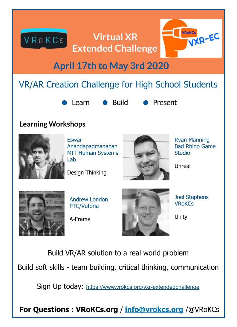 You still have time to sign up for VXR-EC challenge for high school students April 17 th to May 3 rd, learn VR AR design and  development from the professionals vrokcs.org/vxr-extendedch…