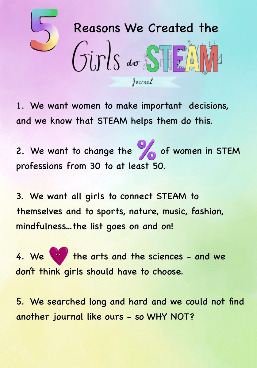 GirlsDoSTEAM's tweet photo. Girls do STEAM is a fun journal for preK-6 girls created by high school girls. We aim to grow girls’ Science, Technology, Engineering, Art, and Math mindsets. 100% of proceeds go to after-school STEAM programs for underprivileged girls! Visit https://t.co/Jo5GxwjVYm @andreabeaty https://t.co/RO8z6mhnci