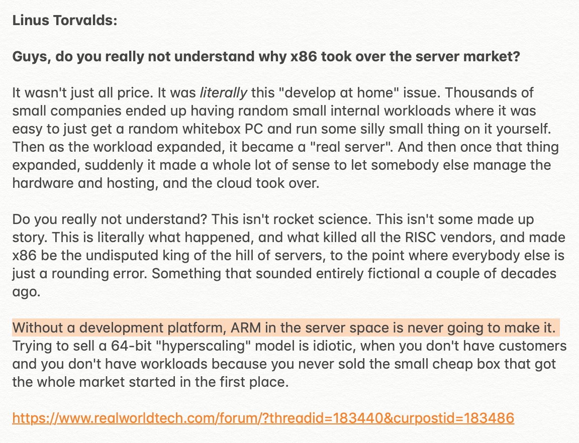5/ Many companies have tried building ARM servers without success. Why? Linus Torvalds offers a simple explanation: developers want the cloud to run the same code as their laptops. Since devs code on x86 laptops, they want to deploy on x86 servers in the cloud.