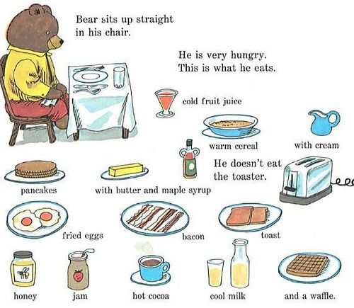 Bear having a nice breakfast (he doesn't eat the toaster)(Richard Scarry illustration)