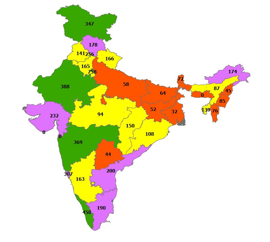 How India is testing?  #Covid_19india Update as of 14th April on the GIS platformNational average - 170 people per millionRED - 50% below NAYELLOW - 50% to100% below NALILAC - 100% to 200% above NAGREEN -200% above NA