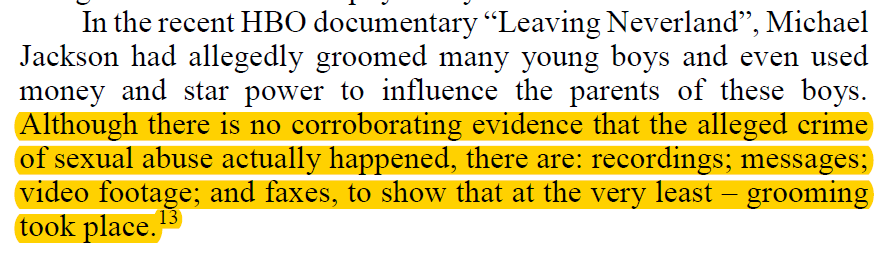 Starting on page 3, Ezioni cites LN as her footnote while describing grooming as "laying out the groundwork...to commit a sexual act...in the upcoming future."She concedes that there's no evidence that abuse occurred but claims that MJ's faxes show that grooming took place.