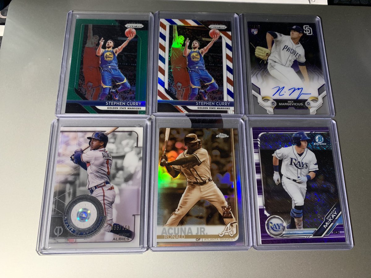 Take both Currys: $12 shipped Nick Margevicius auto /99: $6 shipped Albies Relic /150: $8 shipped Acuna Jr sepia: $10 shippedMcKay purple: $5 shipped