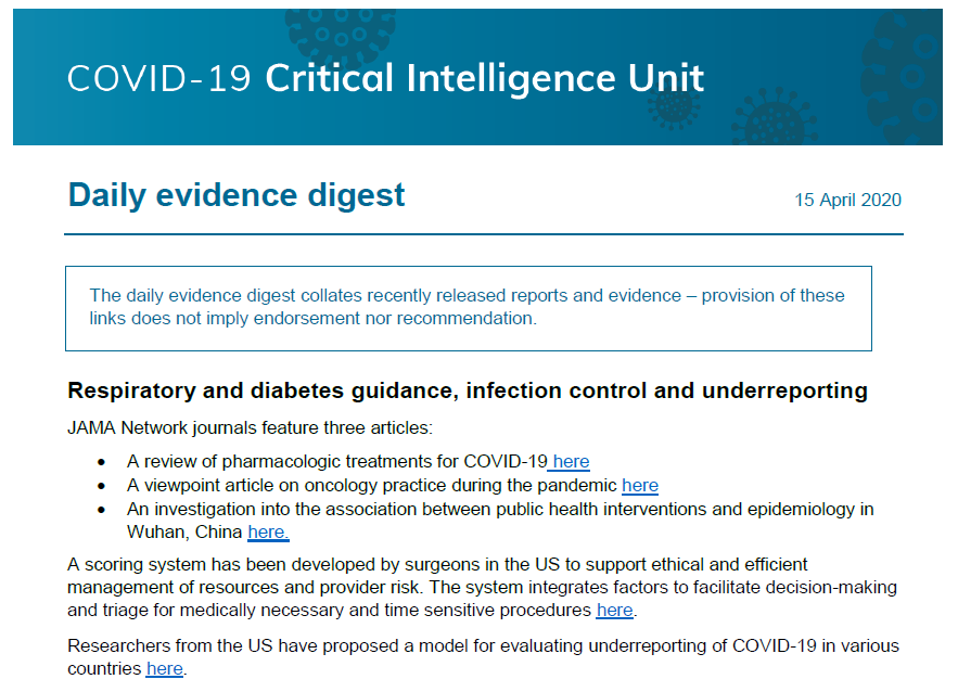 We are pulling together the #COVID19 evidence into a daily digest.  Follow <a href="/nswaci/">NSW Agency for Clinical Innovation</a> and track #ACIShare and #NSWHealthCIU as we prepare to launch a website where you can access digests and updates from the <a href="/NSWHealth/">NSW Health</a> Critical Intelligence Unit