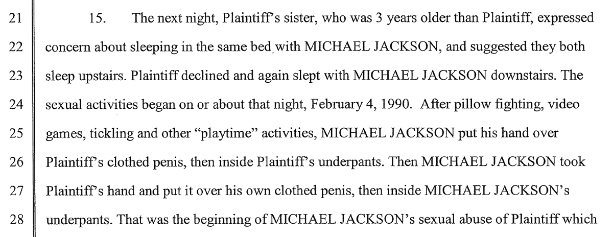 While the underlying theme of Ezioni& #39;s essay is how grooming involves "setting the stage" to abuse in which the groomer "diligently manipulates the victim, convincing him that a solid bond exists between them," Wade insists MJ began graphic abuse of him on his first visit ever.