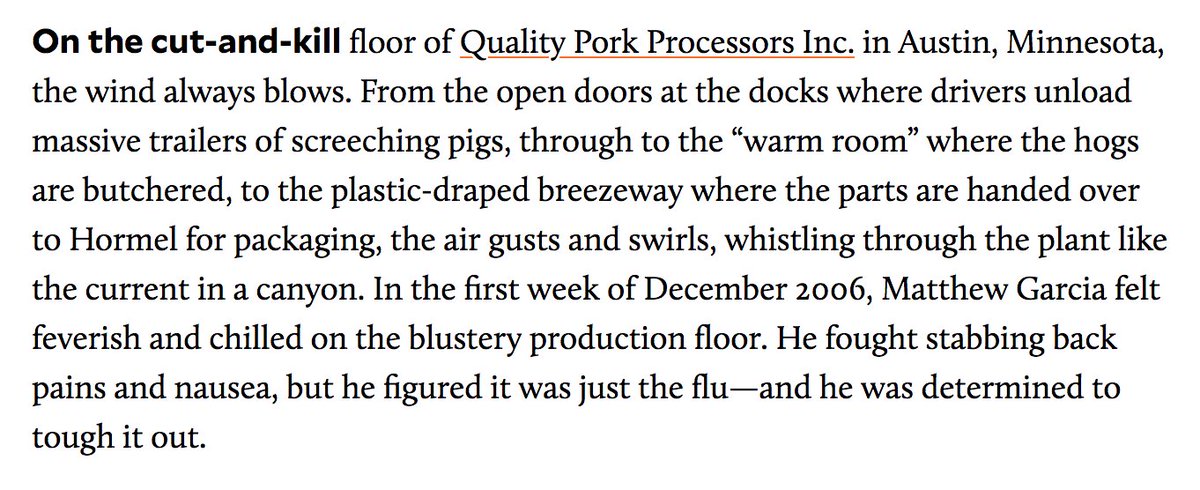 The answer was wind. Many large meatpacking plants encompass both "hot side" (slaughter) and "cold side" (packing) operations. Refrigerating one side of the building and not the other creates constant winds.