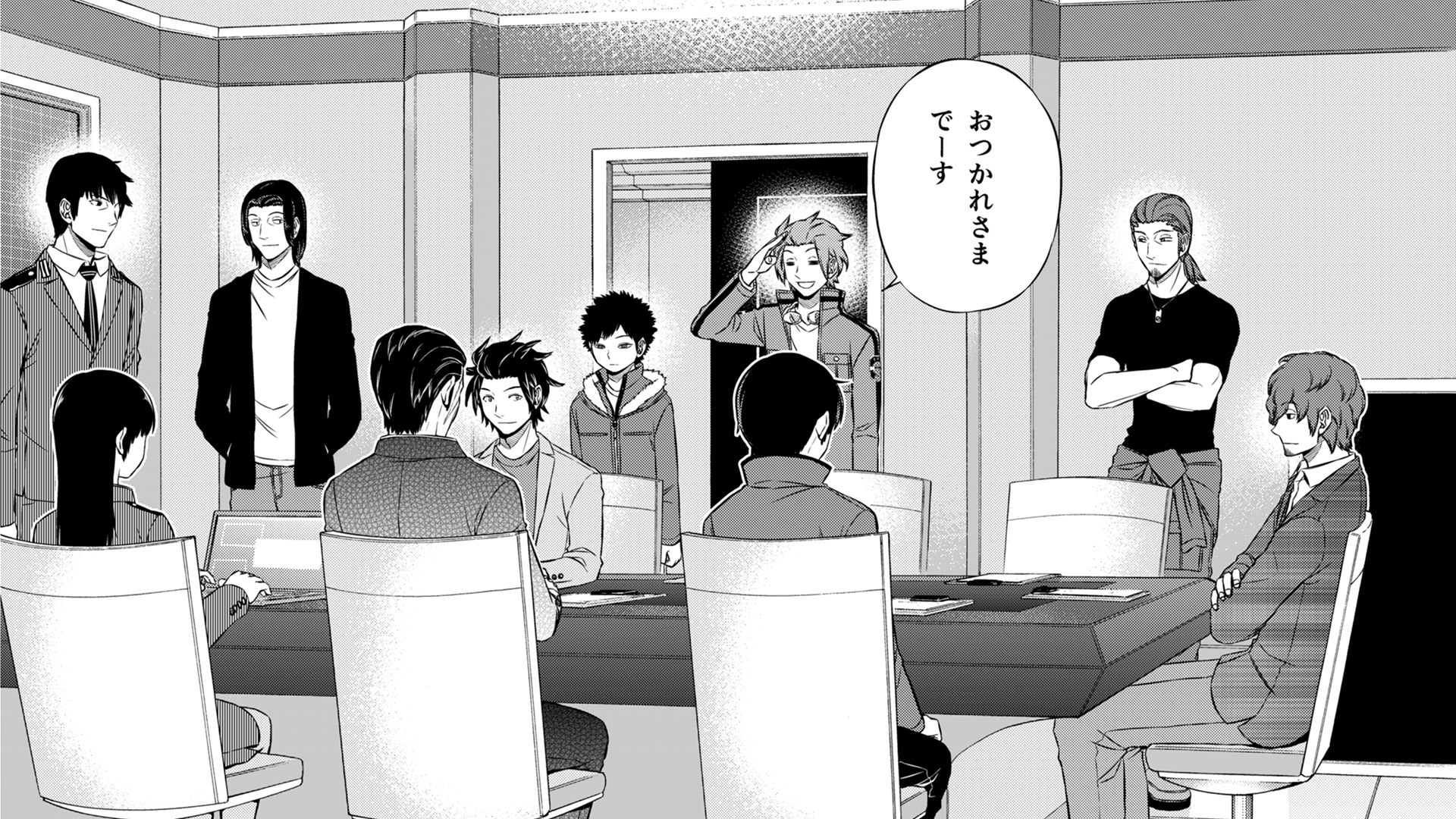 ワールドトリガー公式 リモートワークを応援 会議シーンがバトルシーンに引けを取らない面白さ で定評のある少年漫画 ワールドトリガー より ビデオ会議アプリ用の特製背景画像をお届けします ボーダーの精鋭たちと共に アツい会議に明け暮れま