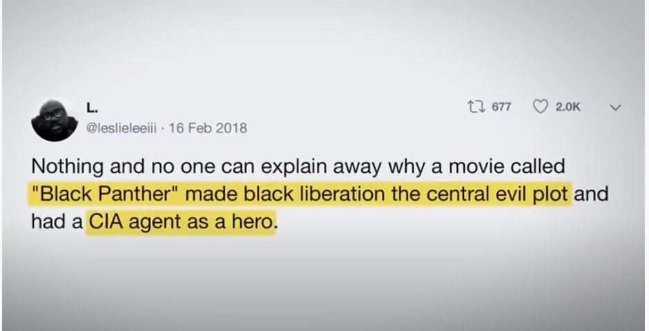 8. We then get this extremely confusing tweet as a screen shot. Black Panther is about an African nation, Wakanda, being secretly the most powerful nation on earth, and the CIA agent is a minor character at best.