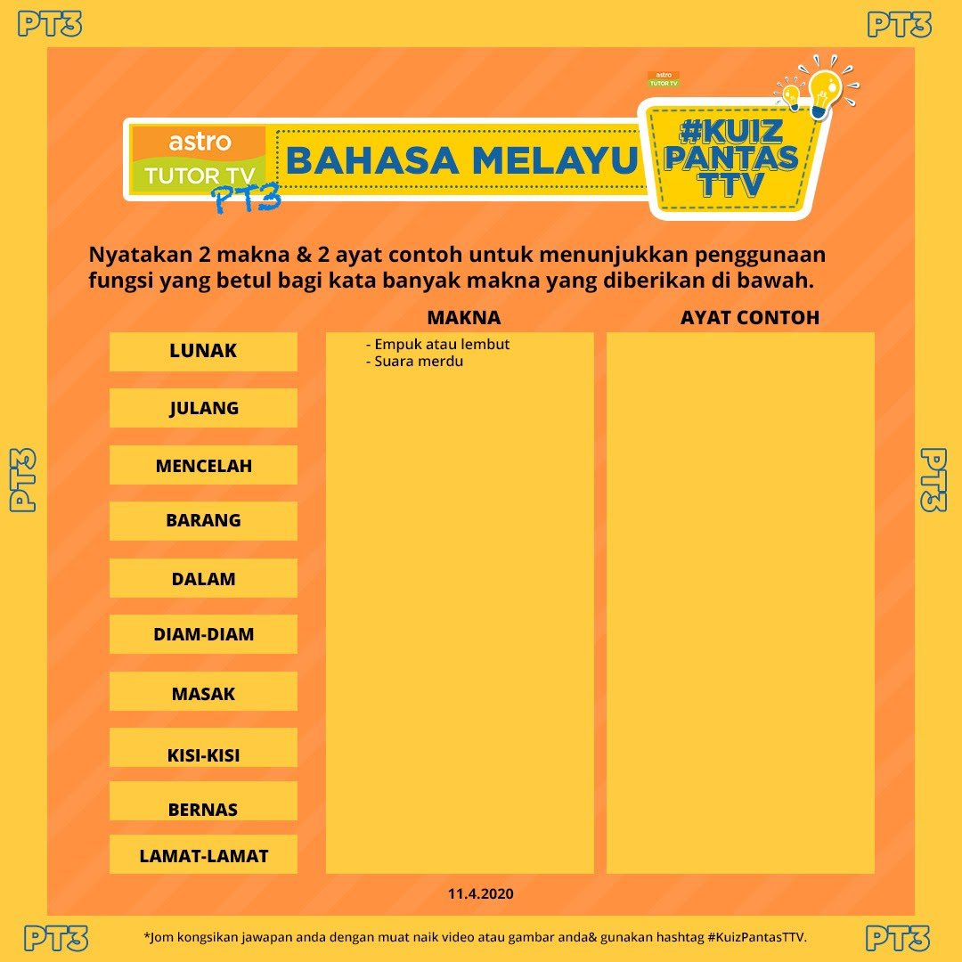 TutorTVPT3's tweet photo. Kisi-Kisi? Admin pon jarang dengar perkataan tu. Tapi kalau korang tahu, cuba jawab soalan soalan ni π
.
Kongsi jawapan dengan memuat naik video/gambar anda & gunakan #KuizPantasTTV
.
#KuizPantasTTV
#DudukRumahChallenge
#TutorTV https://t.co/WFD8jLVTvA