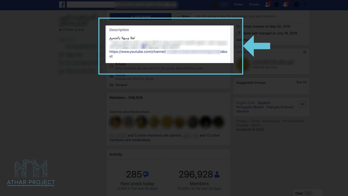 The looting/trafficking Facebook group's growth may be in part due to its utilization of cross-platformingGroup T's "About" section features a link to its  @YouTube channel.