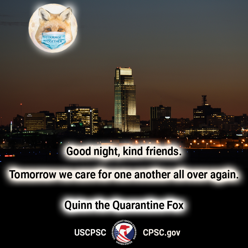 A fox in the moon over omaha nebraska. the text reads, good night kind friends. tomorrow we care for one another all over again. quinn the quarantine fox.