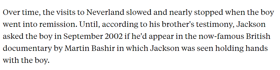 What Ezioni is also unaware of—given her inability to research the cases she cites—is how MJ was already distant from the Arvizos by Sept. 02 when LWMJ was filmed. They allege no MJ abuse in the YEARS PRIOR to LWMJ's filming & none until after it aired on TV the following year.