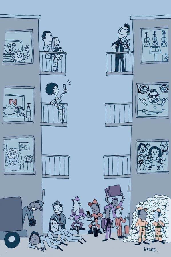 RantAndRave_sb's tweet image. There’s nothing wrong with finding the good in a shitty situation. I think we need to recognize the privileges we have in being able to do that and not dismiss the reality of those who can’t. #covid19 #SocialDistancing #ClassPrivilege
Artist credit: Bruno Iyda Saggese