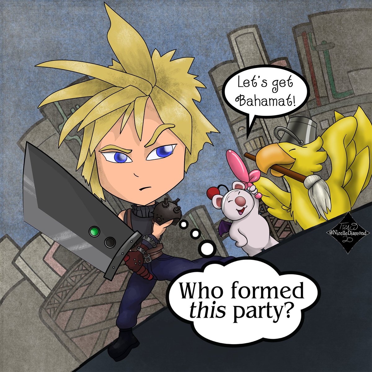NirelleDiamond's tweet photo. In celebration of the Remake, here's the revamp of a piece i did a while ago. I love the chocobo :D <3
Especially hope that @DanFloydPlus likes it ^_^
#finalfantasyVIIremake #finalfantasy #finalfantasyVII #cloudStrife #chocobo #chicobo #moogle #bustersword https://t.co/rUSZ996u8I