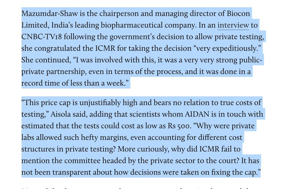 So, who did they discuss this with?Kiran Majumdar Shaw ( @Bioconlimited ) & Sangeetha Reddy(Apollo) who decided Rs 4500 price with no reasoning. The clash of interest to allow KMS a final say in the pricing is appallingScientists estimate that tests could cost as low as Rs500