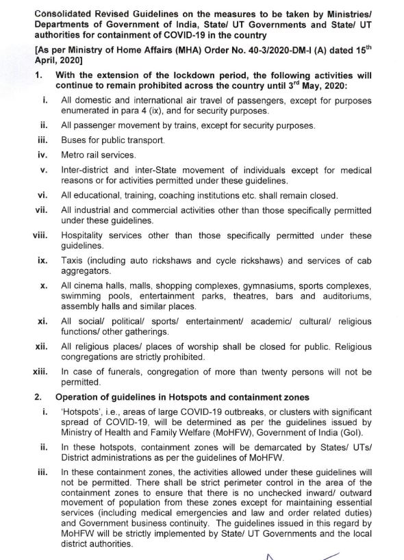 MHA issues updated consolidated revised guidelines after correcting the date from 20th May to 20th April 2020, on the measures to be taken by Ministries/Departments of Govt of India, State/UT governments & State/UT authorities for the containment of  #COVID19 in India. (1/2)