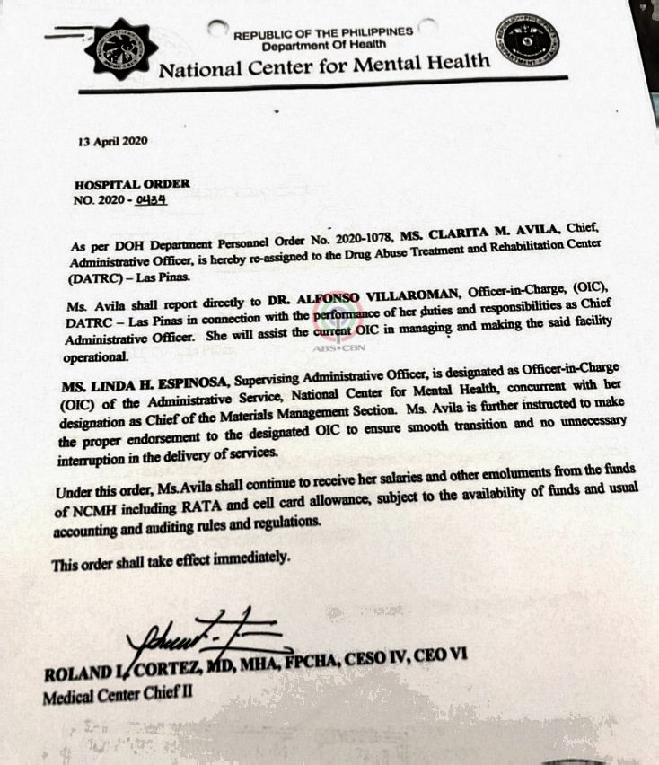 JUST IN: Clarita Avila, Chief Administrative Officer of the National Center for Mental Health, has been reassigned to the Drug Abuse Treatment and Rehabilitation Center in Las Piñas. | via  @maan_macapagal
