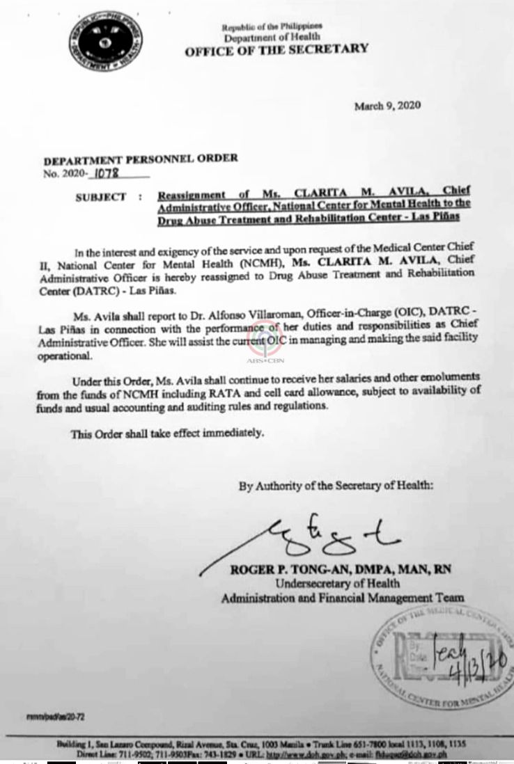 JUST IN: Clarita Avila, Chief Administrative Officer of the National Center for Mental Health, has been reassigned to the Drug Abuse Treatment and Rehabilitation Center in Las Piñas. | via  @maan_macapagal