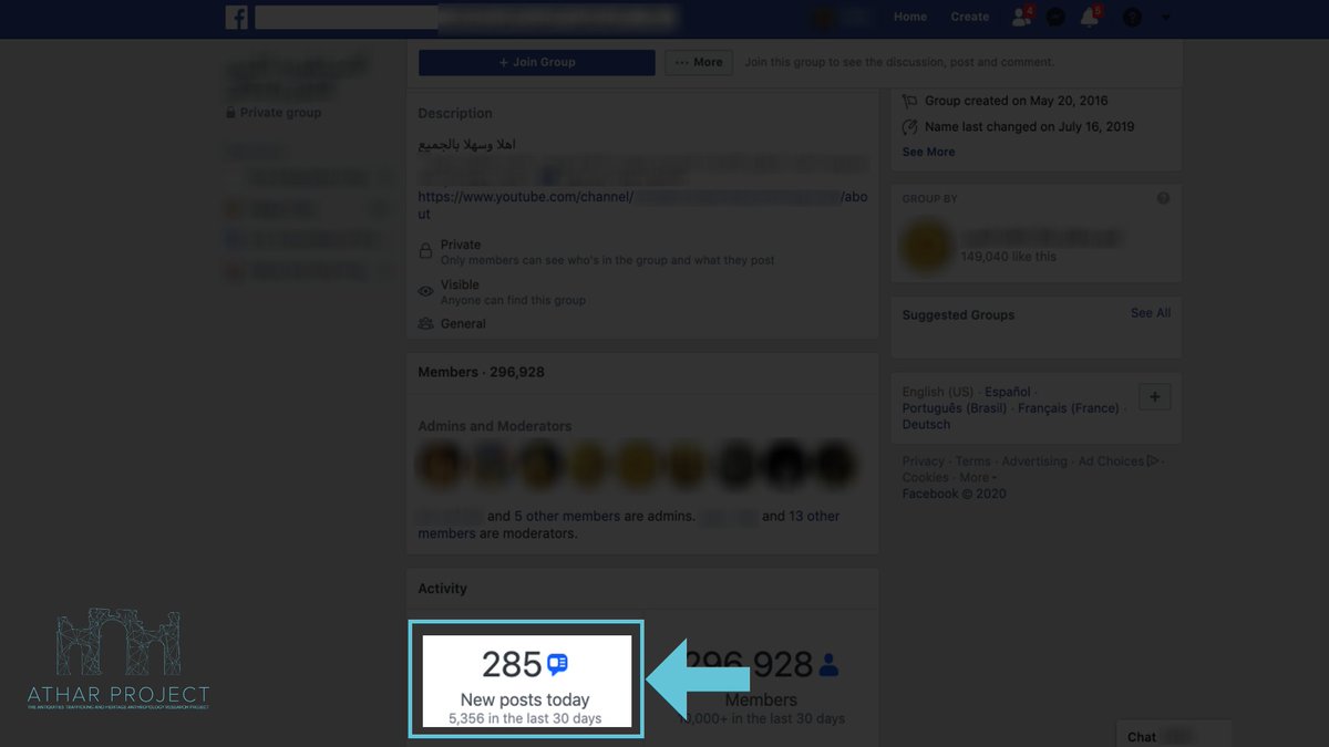 The reason Group T needs so many admins and moderators is because it gets a hundreds posts per day. - 285 posts today (Apr 14) - 5,300+ posts over the past 30 daysGroup T is just one of over 120 Facebook groups for looting/trafficking antiquities in the MENA region