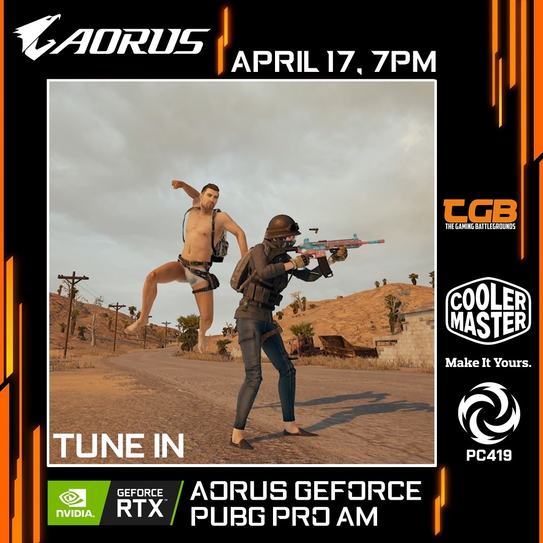 Tune in to the AORUS GeForce PUBG PRO-AM taking place this Friday April 17th - twitch.tv/funky_au

Join The Gaming Battlegrounds group to find out more, plus if you're a player, see if you've made the cut - facebook.com/groups/TheGami…