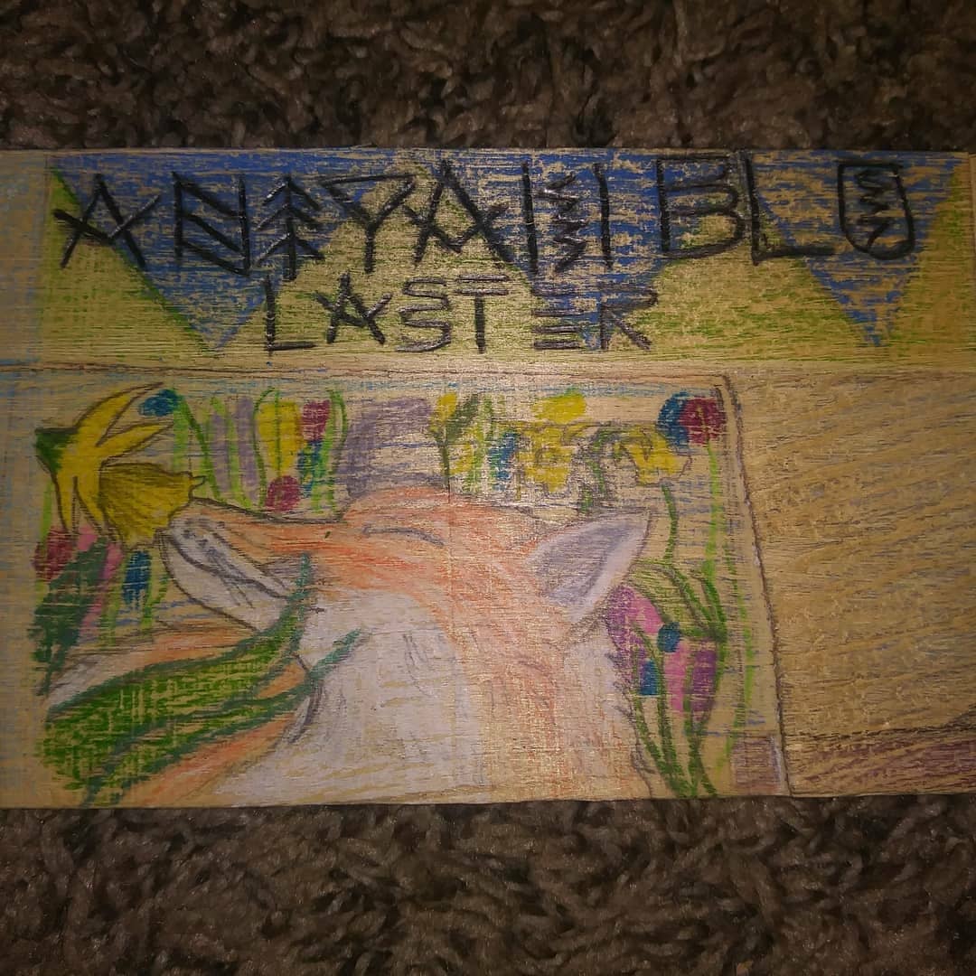 AniyahLast3r's tweet photo. Just finished this lovely wood art that contains the following:a Black Wolf laying on a rock,Blue Jay standing on a tree branch, a Red Fox laying in a field of flowers, and my name 
I used many colors but if I could I would name them all 😂 . Also I will be hanging it up.Thank u https://t.co/OiUmru819L