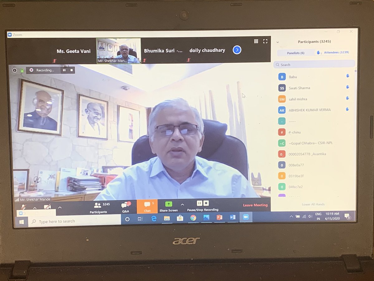 CSIR_IND's tweet photo. DG CSIR addressing the CSIR community via VC and updating them about the measures taken by the organization towards Control of Corona outbreak. About 3300 participants tuning in. #CSIRFightsCovid19 ⁦@shekhar_mande⁩ https://t.co/WGbe39WfTn