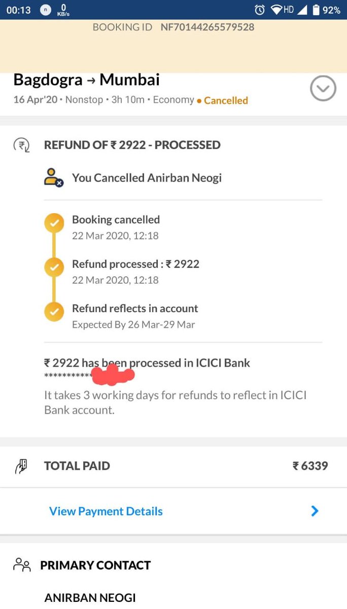 NeogiAnirban's tweet image. Hey @makemytripcare @makemytrip as per DM, you mentioned refund was initiated on 22/03/20 itself. May i know which Bank and mode of transfer did u use to transfer the money back to my CC? As it is 15th April 2020 and there is no sign of refund. At least DM me the details of Bank