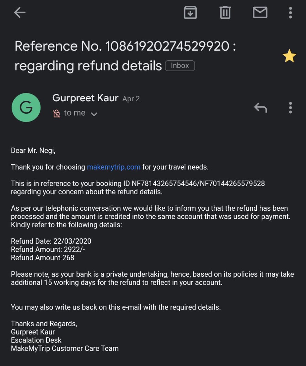 NeogiAnirban's tweet image. Hey @makemytripcare @makemytrip as per DM, you mentioned refund was initiated on 22/03/20 itself. May i know which Bank and mode of transfer did u use to transfer the money back to my CC? As it is 15th April 2020 and there is no sign of refund. At least DM me the details of Bank
