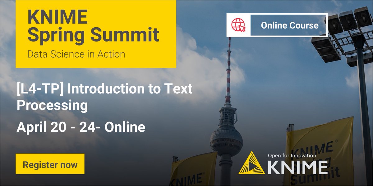 knime's tweet photo. This #onlinecourse focuses on the acquisition, processing & mining of textual data with #KNIME #Analytics Platform. You'll also learn about the popular #textmining applications including social media analytics, #topicdetection & #sentimentanalysis. https://t.co/NVT4HGwX4b https://t.co/vJc7lffpbl