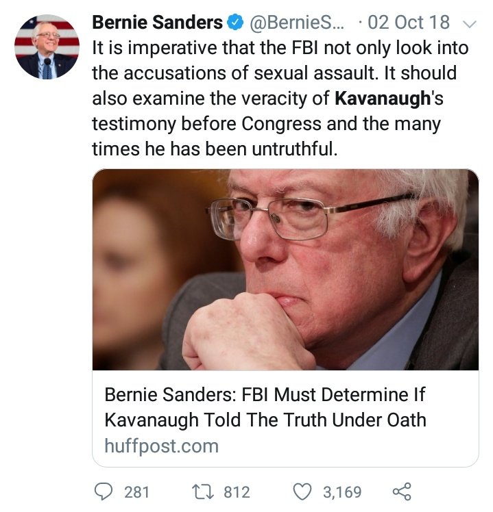 . @BernieSanders,In 2018, you supported an FBI investigation of Dr. Ford's sexual assault allegation against Brett Kavanaugh. Today, we ask that you take Tara Reade's allegation equally seriously by acknowledging and speaking up about it.