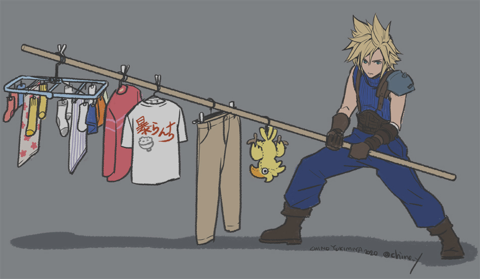 cloud strife 1boy spiked hair blonde hair gloves shoulder armor male focus blue pants  illustration images