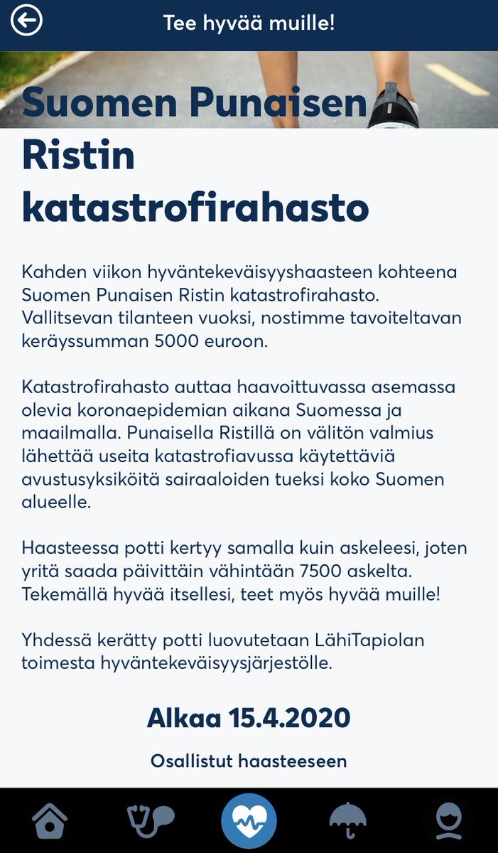 Olen mukana ⁦LähiTapiolan haasteessa keräämässä rahaa Punaiselle Ristille. 🏃❤️🚑

#elämänturva #COVID19FI #hyväntekeväisyyshaaste #punainenristi