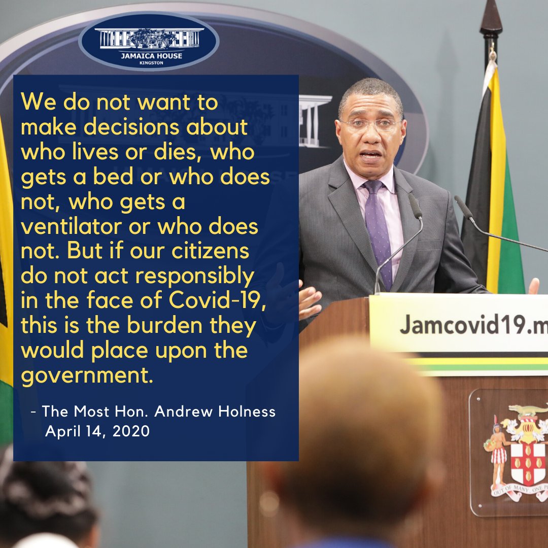 AndrewHolnessJM's tweet image. We do not want to make decisions about who lives or dies, who gets a bed or who does not, who gets a ventilator or who does not. But if our citizens do not act responsibly in the face of Covid-19, this is the burden they would place upon the government. #COVID19Jamaica