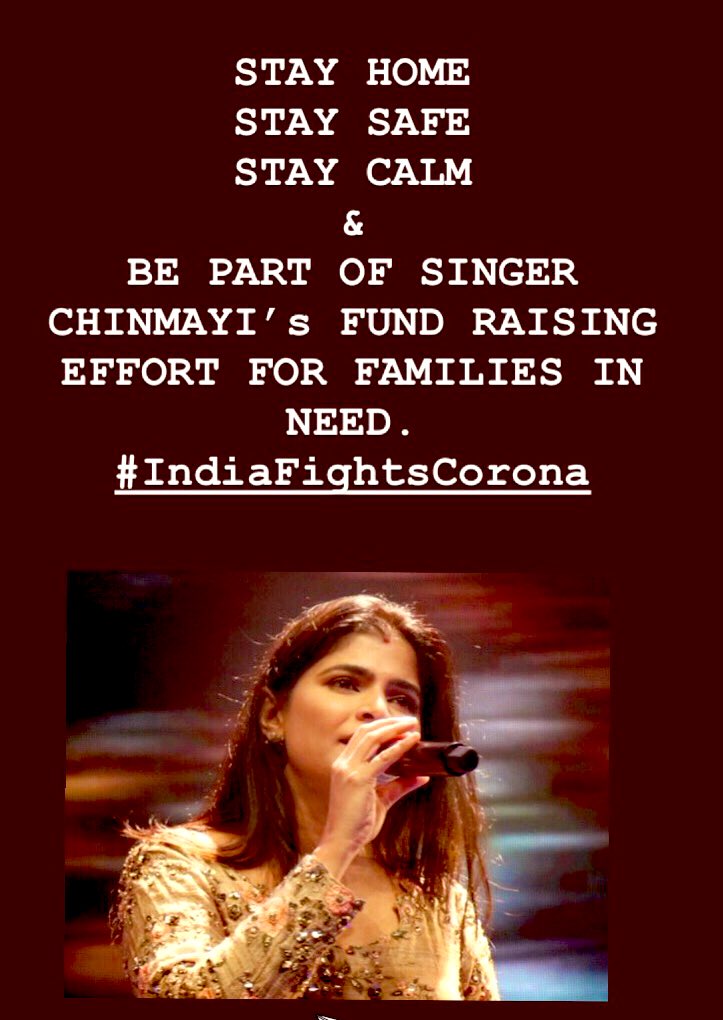 voiceofchinmayi's tweet photo. Be part of @Chinmayiโs #COVID fund raising effort for families in need during this hard times and get your personalized wishes from her in return. Pls DM her for further details.
#LockdownExtended #IndiaFightsCorona
#SimpleStepsToWinAMightyWar
#UnitedAgainstCorona #StayHome https://t.co/YP0TJUOStj