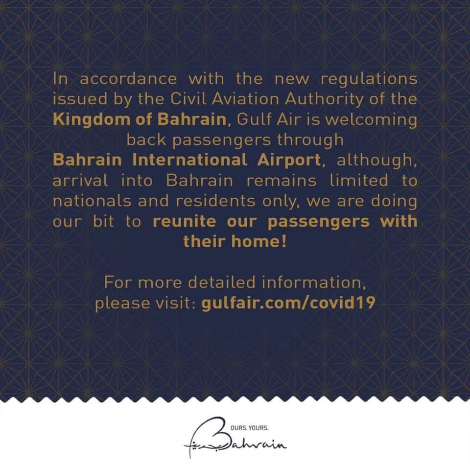 In light of the COVID-19 pandemic, the Civil Aviation Authority issued new regulations in the best interest of all the passengers' safety! 
<a href="/GulfAir/">Gulf Air</a> 

#BahrainOursYours #stayhome #staysafe