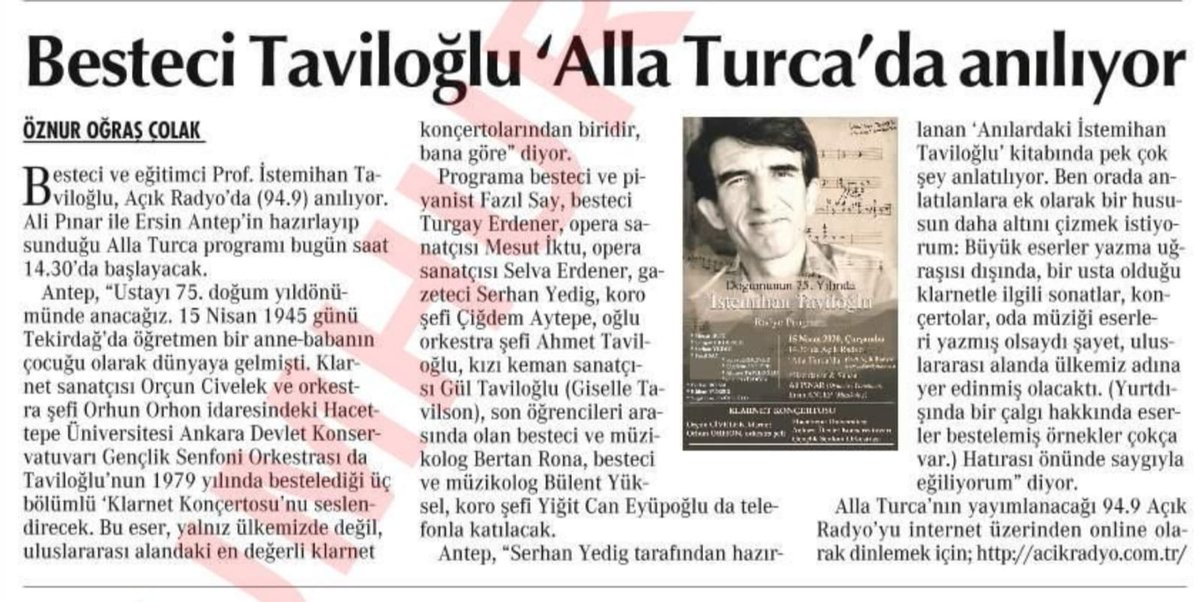 Bugün yaşasaydı tam 75 yaşında olacaktı. Bu güzel doğum günü hediyesi için teşekkürler çok sevgili Öznur Oğraş ve Cumhuriyet Gazetesi.