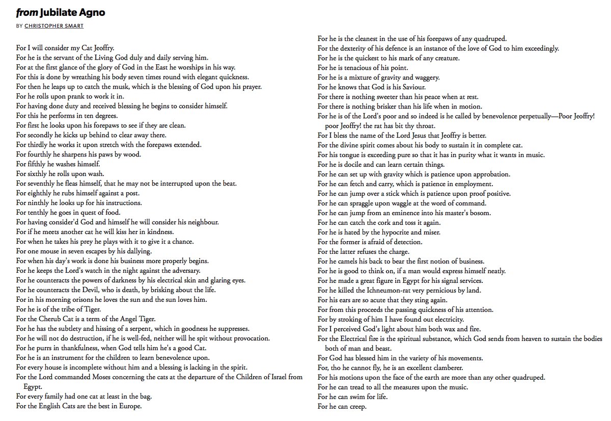 86 'For I Will Consider My Cat Jeoffry', from Jubilate Agno by Christopher Smart #PandemicPoems  https://soundcloud.com/user-115260978/86-for-i-will-consider-my-cat-jeoffry-from-jubilate-agno-by-christopher-smart