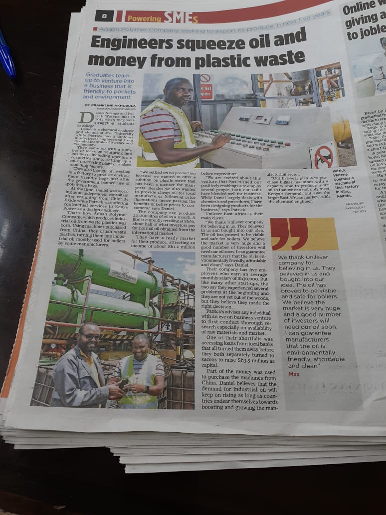Excited by our local innovation talent:

@patotesh and @AdarshPolymer 

Waste plastic pyrolisis is Circular Economy renewable energy... Polymer Chemistry with a purpose!

adarshpolymer.co.ke/products/safi-…