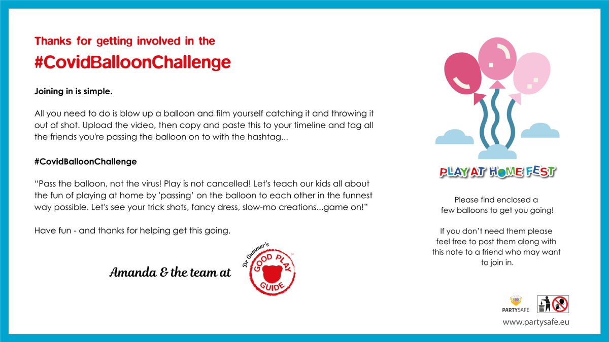 EuPartysafe's tweet photo. 🎈Join the #CovidBalloonChallenge &amp; and teach your children to "pass the balloon, not the virus"! 🎈

@DrAmandaGummer @GoodPlayGuide #StayAtHome https://t.co/9Lu6mgFkbm
