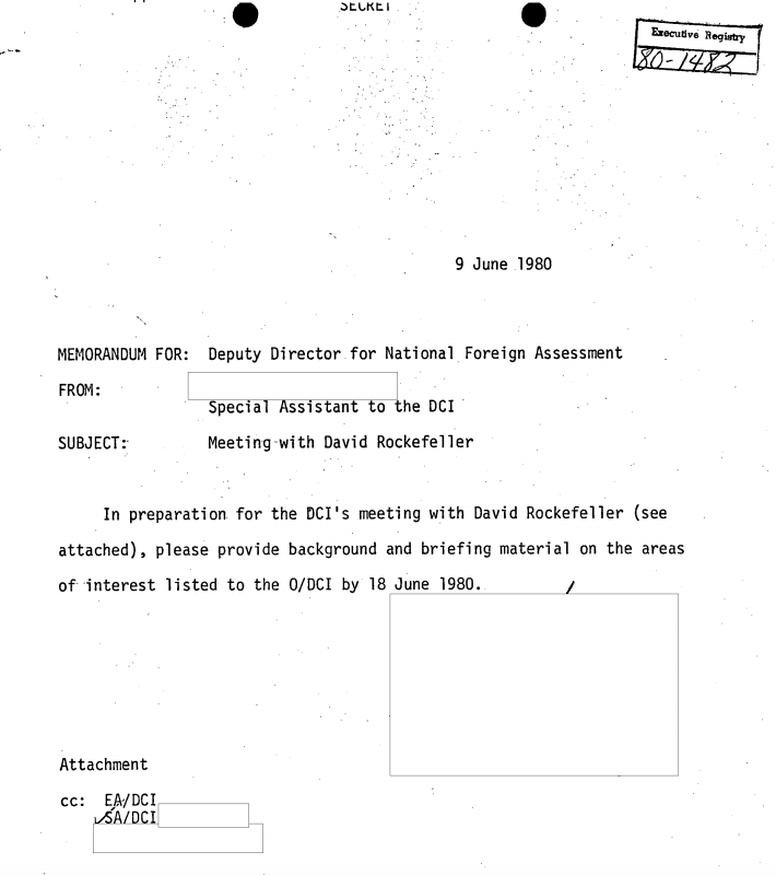 Other members include John M. Deutch, former head of the CIA and Jami Miscik, a former deputy head. Declassified docs reveal that David Rockefeller himself had close ties to the CIA. Doc below shows preparations for a meeting between Rockefeller and the head of the CIA in 1980.