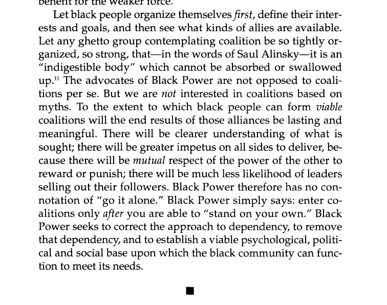 Here Ture and Hamilton explain how white people must be part of a movement but explains how the are not doing enough and that they should do more than piggy backing off the black liberation struggle and should create their own too