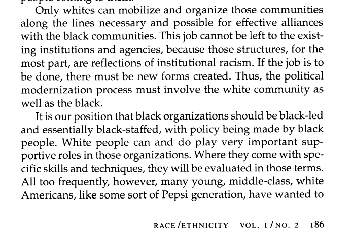 "Ultimately, the gains of our struggle will be meaningful only when consolidated by viable coalitions between blacks and whites who accept each other as co-equal partners and who identify their goals as politically and economically similar"